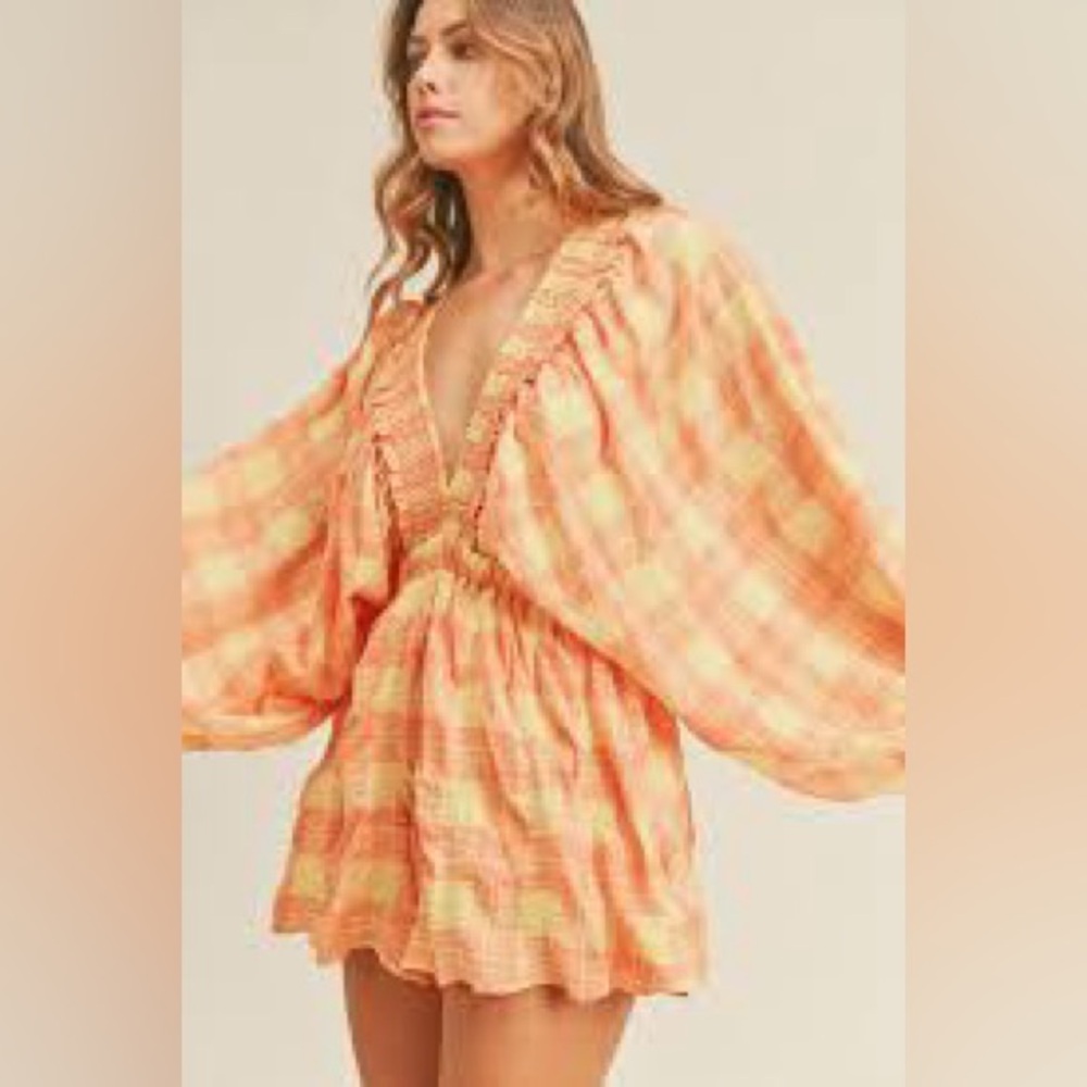 Mable Orange and Yellow Plaid Deep V-Neck Romper with Balloon Sleeves, Summery